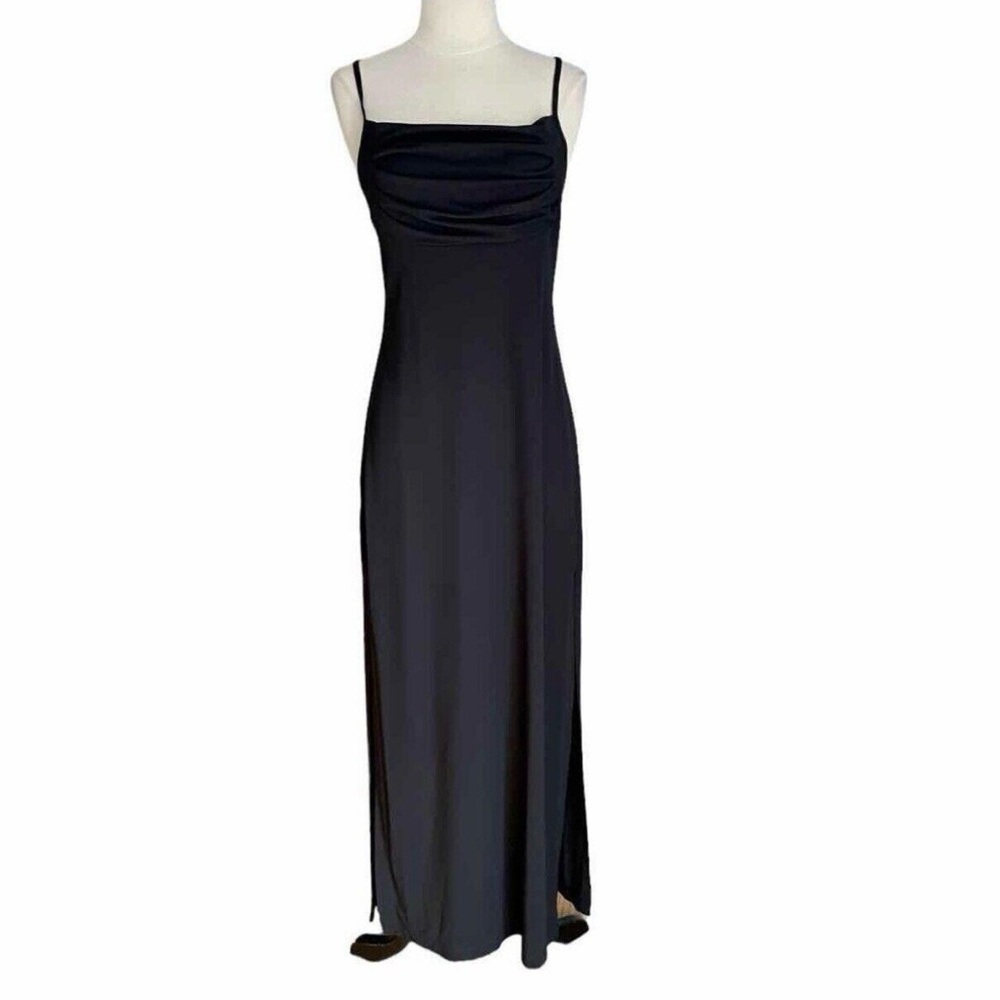VTG Y2K SZ M long Maxi slip metallic black WHIMSIGOTH shimmery cowl front DRESS